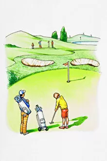 Pen And Ink Gallery: Golfers on golf course, woman preparing to strike, caddy standing nearby