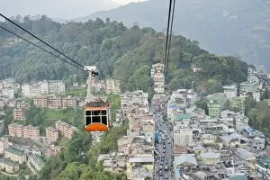 Cable Car Collection: Gondola of a cable car and the town of Gangtok, aerial view, Sikkim, Himalayas, India