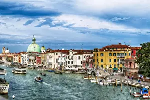 Dome Prints: Gondolas, Vaporetto And San Simone Piccolo Church Dome Along The Grand Canal