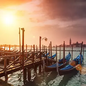 Gondolas in Venice at sunrise