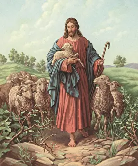 Prints of Vintage illustration of Christ as the Good Shepherd; chromolithograph, 1929. (Photo by GraphicaArtis/Getty Images) World Religion Prints: The Good Shepherd