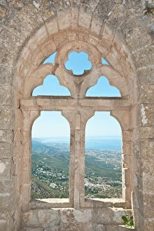 Fortification Collection: Gothic tracery, decorated window, St. Hilarion Castle, crusader castle, overlooking sea and coast