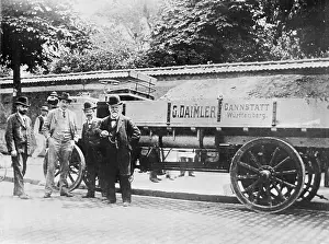 Prints of (Original Caption). Gottlieb Daimler beside his motor truck during demonstration in Paris, 1886. Beside him, is his associate, Mayback Vintage Car Collection Prints: Gottlieb Daimler Posing with Others at Truck