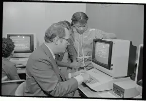 Harrisburg Prints: Governor Dick Thornburgh Working on Computer with Tutoress