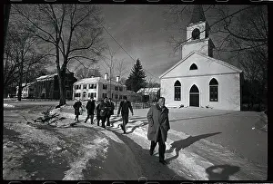 Governor George Romney and Newsmen Walking past Church