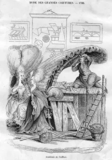 Prints of A sketch entitled Mode des Grandes Coiffures, Academie de Coiffure showing an assistant weighed down by the excessive hairstyle of a customer. (Photo by Hulton Archive/Getty Images) Heritage Images Prints: Grand Coiffures