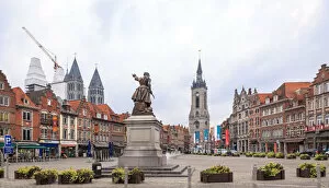 Images Dated 14th October 2015: Grand Place and Belfry of Tournai and the statue of Christine de Lalaing