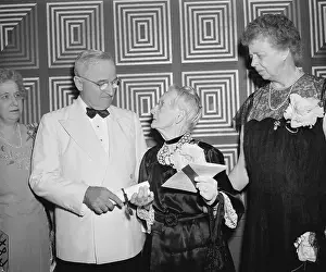 Grandma Moses and Eleanor Roosevelt Recieving Women's Achievement Awards from President Truman. 1949