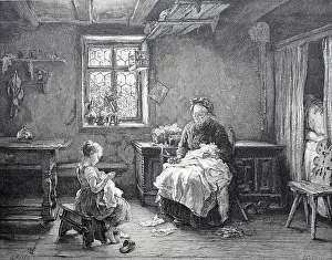 3 People Prints: Grandmother Teaching Granddaughter to Sew