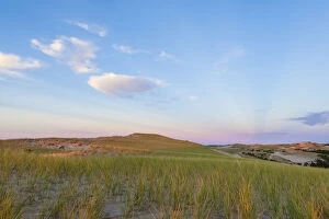 Grass on dunes at sunset, Provincetown, Cape Cod National Seashore, Massachusetts, USA
