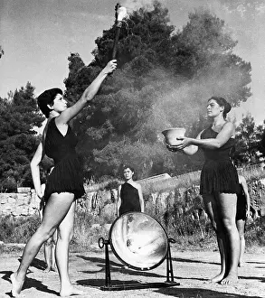 1952 Olympic Games Helsinki Prints: Greek Girls Lighting Olympic Flame
