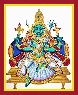 Arrow Prints: A green-complexioned goddess sits in lalitasana on a dais
