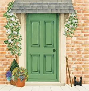Wooden Gallery: Green front door with climbers around frame, and potted plants