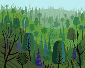 Prints of View of cool green monochrome brightly colored landscape with trees. Rows of mountains and hills fade into misty diminishing perspective Quirky Art Illustration Prints: Green Forest Refreshing Mountain Landscape Illustration