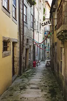 Green moss on the stone of a narrow alley between buildings and a cafe sign