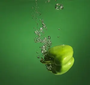 Prints of green pebber fruit splashed into water, creating bubbles, shot on green backdrop Stone Prints: green pebber fruit splashed into water