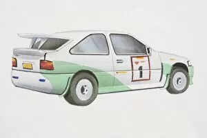 Green and white rally car, side view