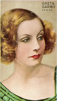 Prints of Collectible colorized tobacco card, Champions of Screen and Stage series, published 1935 by Gallaher Ltd to promote Park Drive Cigarettes, depicting Hollywood film and Broadway theater stars Timeless Elegance: The Iconic Greta Garbo Collection: Greta Garbo, Champions of Screen & Stage, collectible Gallaher cigarette card, 1935