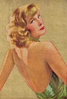 Prints of Collectible colorized tobacco card, Movie Stars series, published in Germany in 1934 by Constantin Goldfilm Cigarettes, depicting Hollywood film stars Timeless Elegance: The Iconic Greta Garbo Collection: Greta Garbo, Movie Stars series, collectible cigarette card, 1934