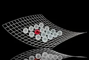 Assembling Prints: Grid with many white balls and a red ball, symbolic image for networks