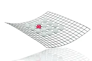 Assembling Prints: Grid with many white balls and a red ball, symbolic image for networks
