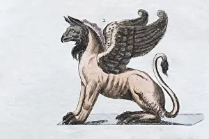 Hand Prints: Griffin, hand - colored engraving from Friedrich Justin Bertuch Picture book for children