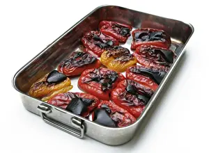 Meals Prints: Grilled red and yellow peppers, in preparation for the Peperonata appetizer