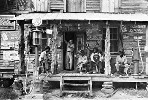 North Carolina Prints: Grocery Store with Gas Pump and Men on Porch