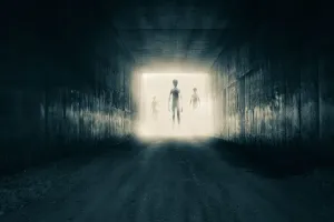 Scary Prints: A group of aliens emerging from the light at the end of a dark sinister tunnel