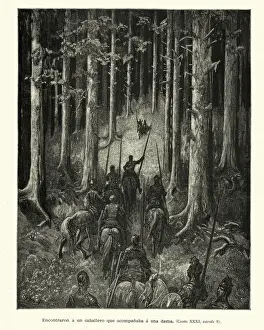 Group of knights riding through a dark forest, Medieval fantasy