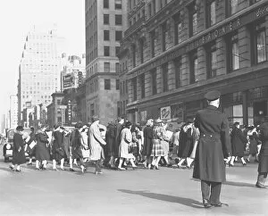 Group of people crossing street, (B&W)