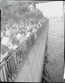 Rosh Hashana Prints: Group of People Leaning over Pier During Ceremony