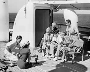 Boat Deck Prints: Group of people playing game on deck, of cruise ship B&W), (B&W)