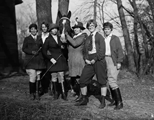 Teenage Girl Prints: Group portrait of teenage girls (16-17 years) with horse in forest. October 29, 1925