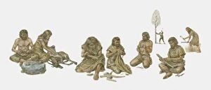Group of prehistoric people shown making and using primitive tools, including handaxes, burins, flints