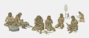 Flint Prints: Group of prehistoric people shown making and using primitive tools