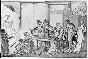 Wash Drawing Prints: Group Watching Early Slide Show