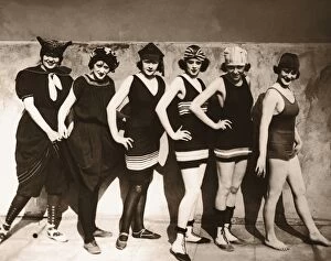Clothing Gallery: Group of young women wearing bathing suits, portrait (B&W sepia)