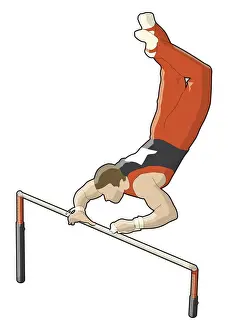 Coordination Prints: Gymnast holding onto bar with one hand, legs up in the air