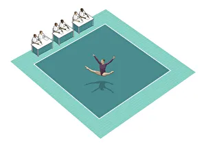 Group Of People Gallery: Gymnast performing on square rubber floor mat, panel of judges on one side