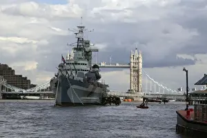 Bridges Prints: H. M. S. Belfast and the London Bridge in the background seen from the River Thames