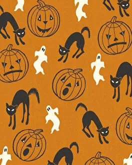 Images Dated 6th June 2013: Halloween Pattern of Pumpkins Cats Ghosts