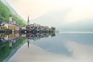 Salzburg, Austria Prints: Hallstatt mountain village with Hallstatter See in the Austrian Alps