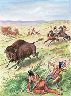 Plains Prints: Hand-Colored Engraving of Plains Indians Hunting Buffalo