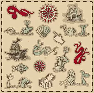 Images Dated 13th February 2018: Hand-drawn antique ocean navigation icons