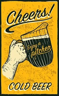 Images Dated 1st June 2018: Hand holding beer pitcher with text phrases retro poster design
