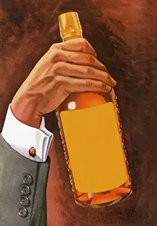 Brown Background Prints: Hand Holding Bottle of Liquor