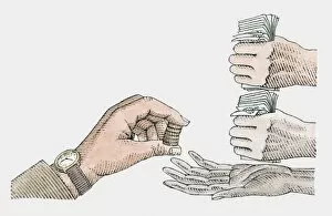 Hand holding coins above another persons open palm, other hands clasping banknotes