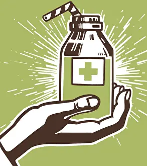 Green Background Prints: Hand Holding Medicine Bottle