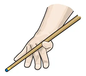 Hand holding snooker cue, open bridge
